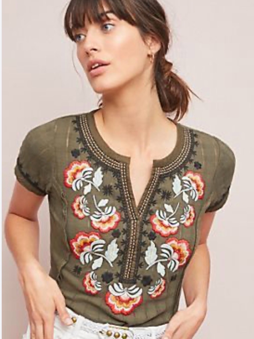 Anthropologie Olive Embroidered Split-Neck Tunic with Floral Accents